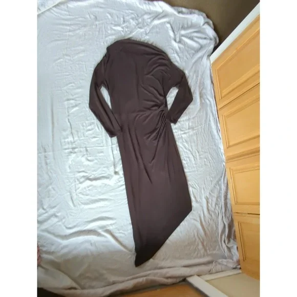 REISS Fleur Off The Shoulder Ruched Jersey Midi Dress Brown Long Sleeve Sz Large - Picture 4 of 15